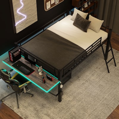 Full Size Loft Bed with Wood Desktop Desk and LED, Metal Kids Bed Frame with Angled Ladder and Under Bed Storage for Bedroom