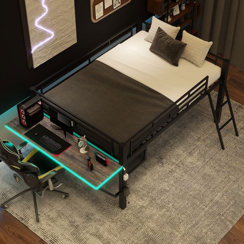 Gaming Mid Loft Bed with Desk and LED