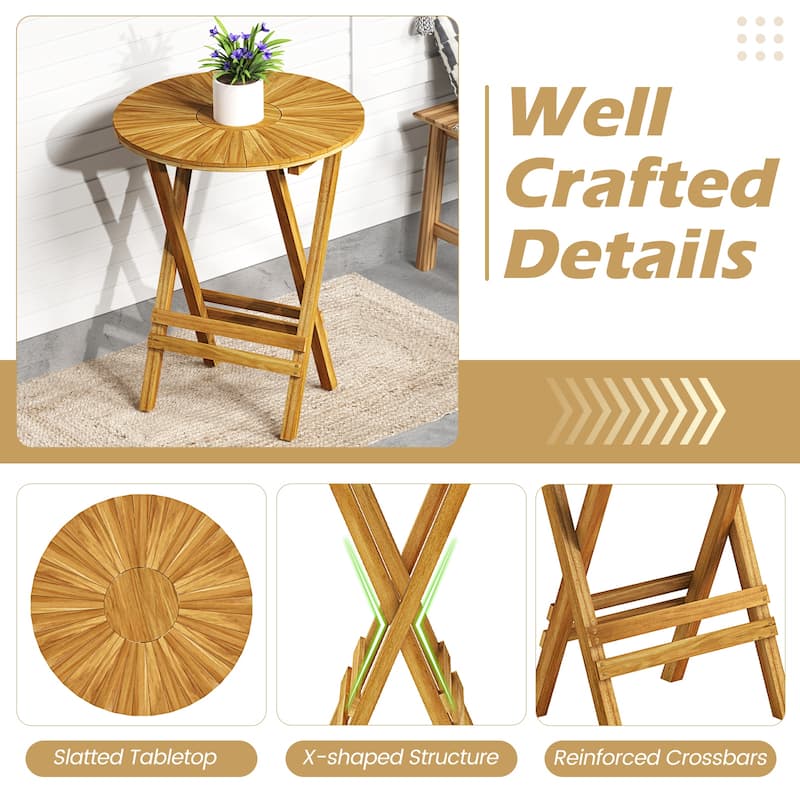 Gymax Patio Folding Side Table 23.5'' Teak Wood Round End Table Fully