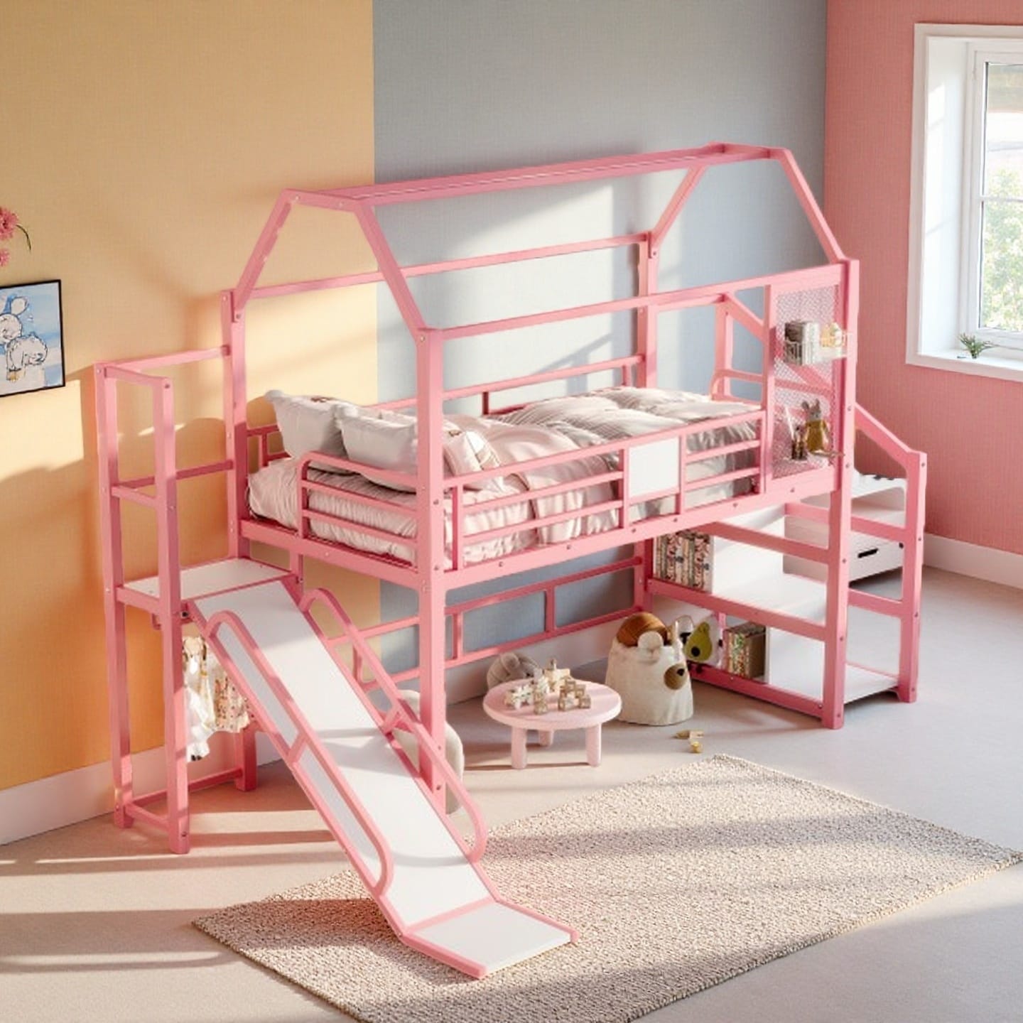 Twin House-Shaped Loft Bed with Slide, Wide Stairs, Metal Frame and Storage Shelves