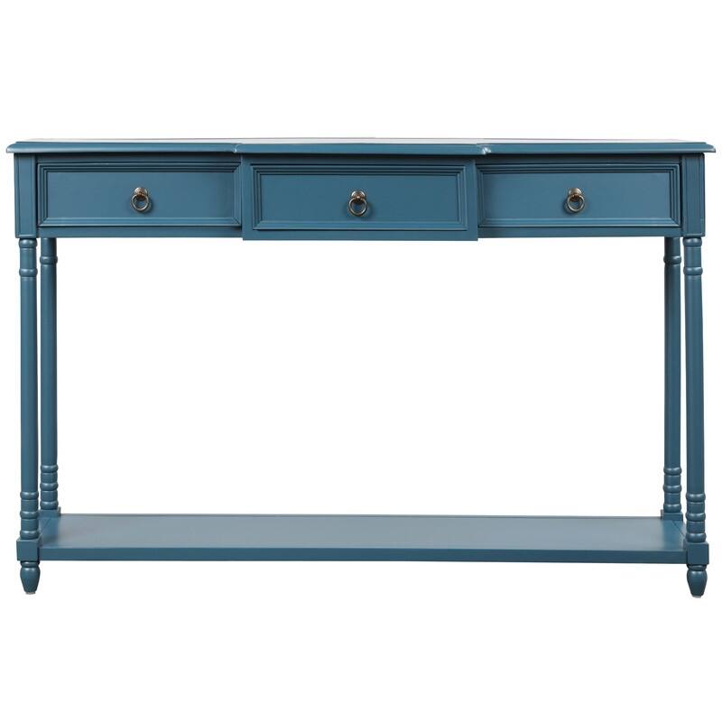 Rustic Console Table with 3 Drawers and Long Shelf (Antique Navy)