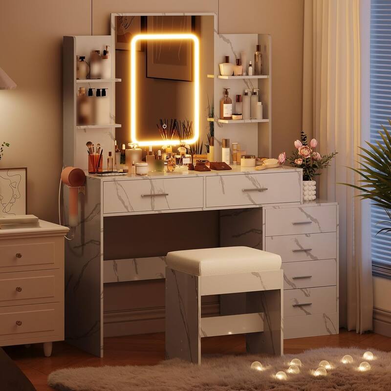 Vanity Desk with Mirror, LED Lights & Power Outlet, Makeup Table with 6 Drawers, 6 Shelves & Stool for Bedroom