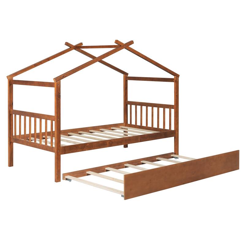 Twin Size Wooden House Bed with Twin Size Trundle, Walnut