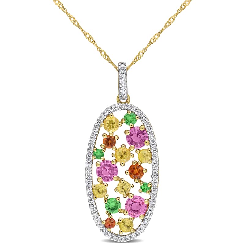 Miadora Sapphire and Tsavorite with 1/3ct TDW Diamond Oval Cluster Drop Necklace in 14k Yellow Gold