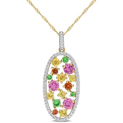 Miadora Sapphire and Tsavorite with 1/3ct TDW Diamond Oval Cluster Drop Necklace in 14k Yellow Gold