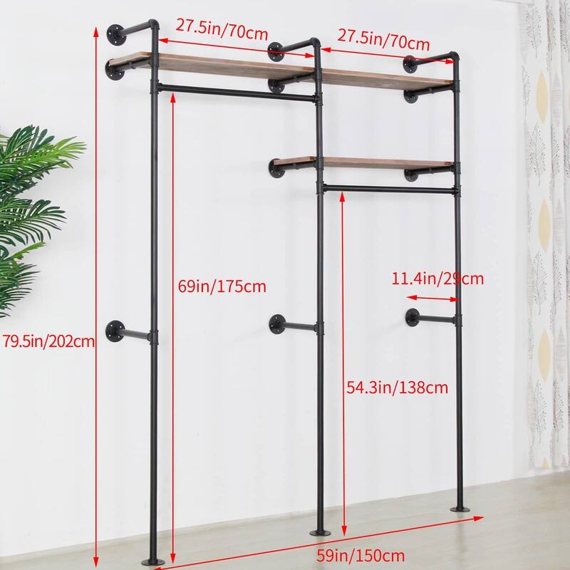 Industrial Pipe Clothing Rack - 11.4"D x 59"W x 79.5"H