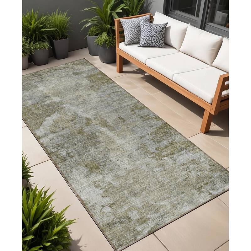 Allus Unique Abstract Weather Resistant Timeless Fusion Outdoor Rug - 8' Runner - Green