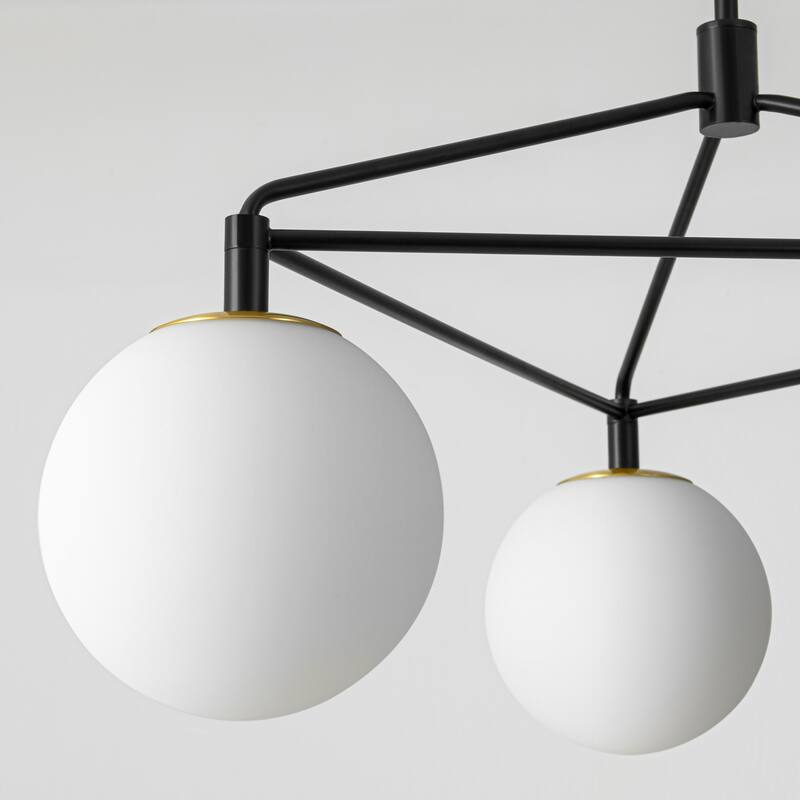 3-Light 30.7" W Modern Black Geometric Framework Design Metal Opal Bubble Glass Globe Chandelier for Bedroom, Living Room