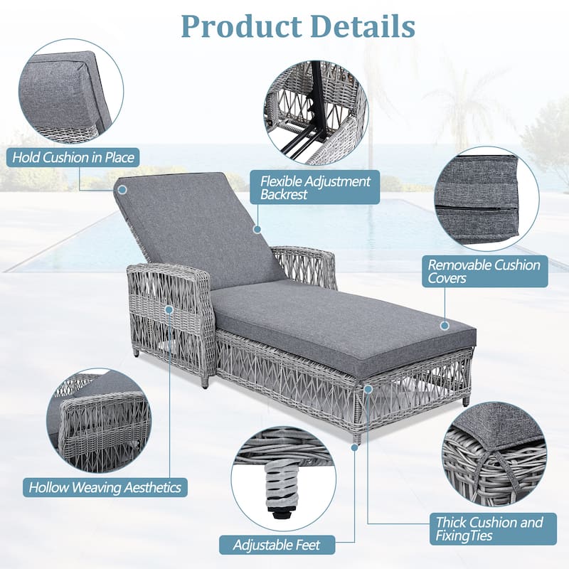 2 Pieces Long Reclining Chaise, Outdoor Wicker Lounge with Armrests, Patio Adjustable Recliner