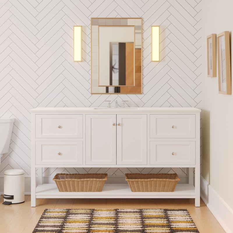 KitchenBathCollection Lakeshore 60" Single Bathroom Vanity with Engineered White Top - White