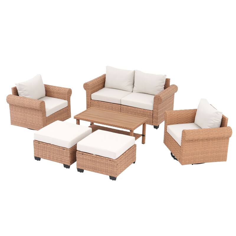 Outdoor 6-Piece PE Rattan Patio Conversation Set with Swivel Chairs