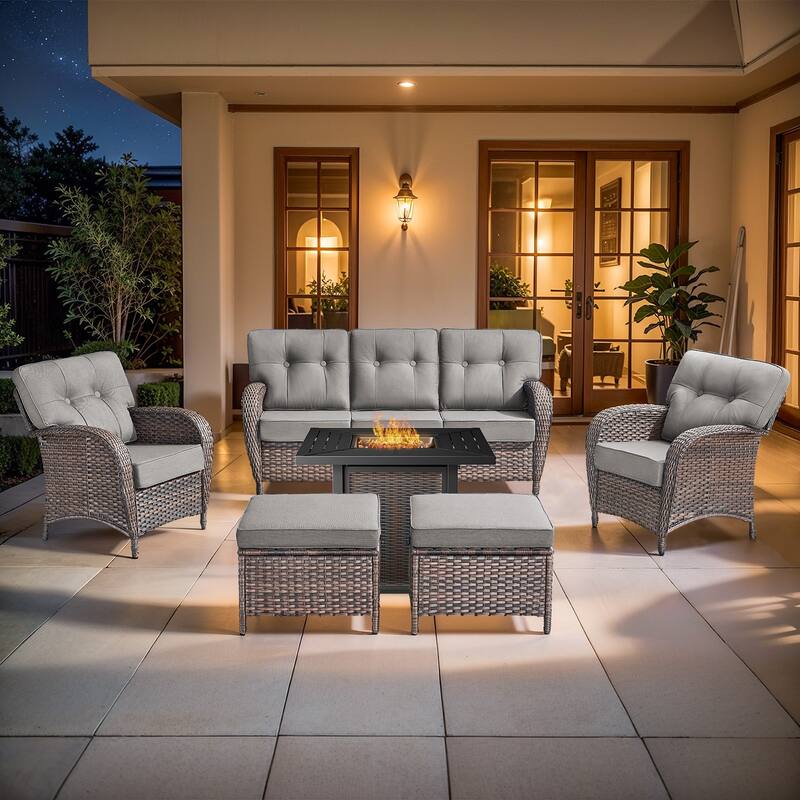 Pocassy Outdoor 30 In Fire Table with Sofa Patio Swivel Chair Set - Brown Wicker Gray Cushion - 8-Piece Sofa Patio Chair Ottoman with Fire Table