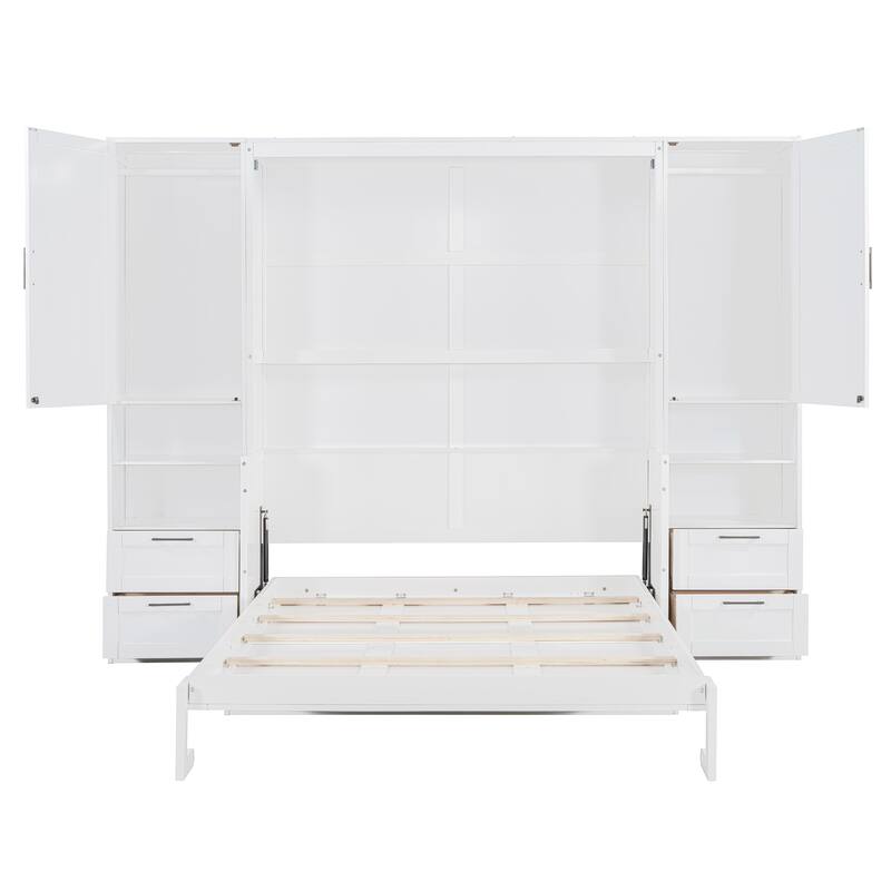 Queen Size Murphy Bed Hidden Wall Bed with Both Sides Closet Drawers and Storage Shelves, Space-Saving Versatile Murphy Bed