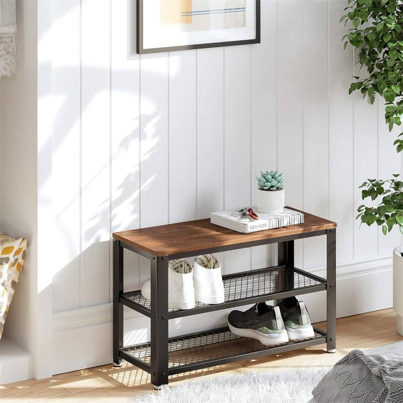 Shelf Storage Bench with Metal Mesh Shelves and Seat Free Standing - 11.8"D x 28.7"W x 17.7"H