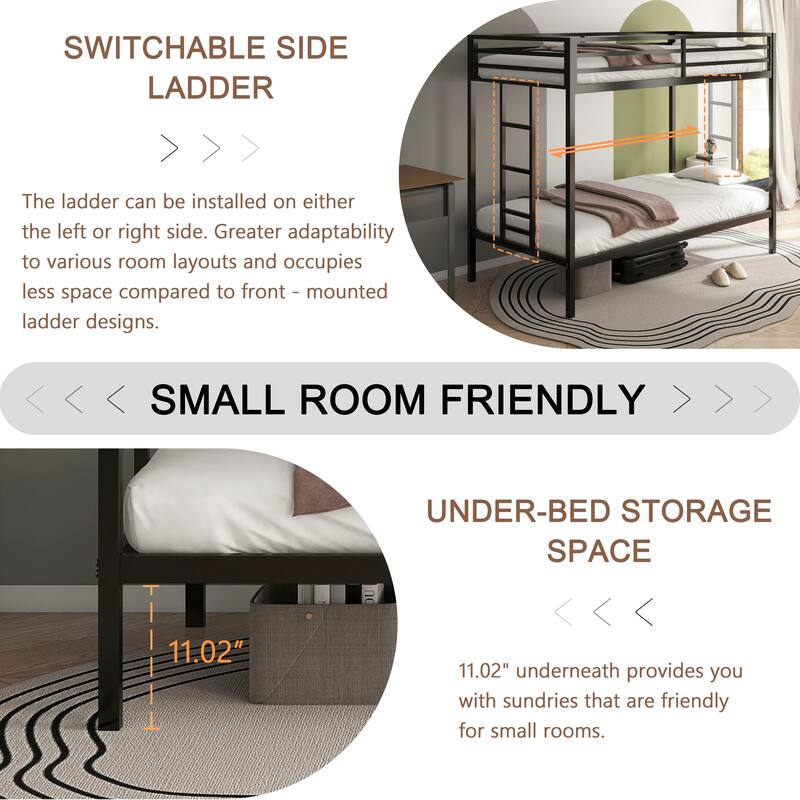 Twin Over Twin Bunk Bed with Ladder and Guardrails, Metal Frame, Space-Saving Design for Kids and Adults