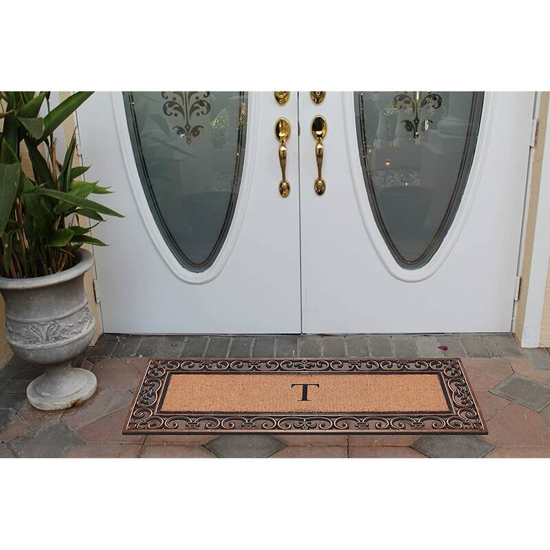 A1HC Rubber and Coir Paisley Border Myla Double Door Monogrammed Doormat Bronze