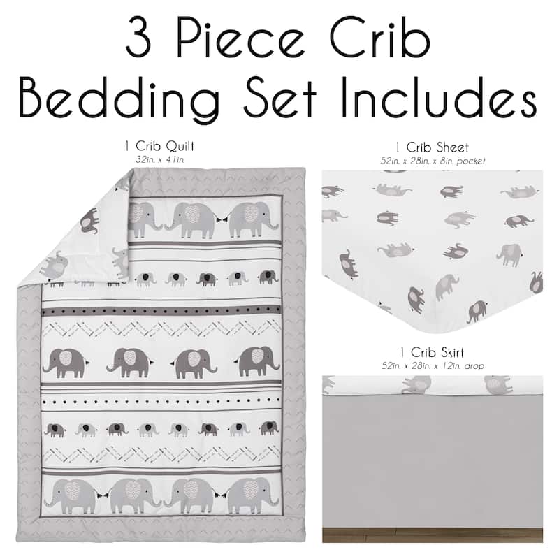 Sweet Jojo Designs Grey and White Boho Bohemian Elephant Boy Girl Gender Neutral 3p Nursery Crib Bedding Set Gray Safari Animals