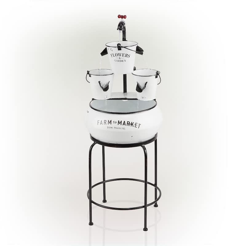 Alpine Corporation 36" Outdoor Floor Buckets with Faucet Water Fountain Vintage, Charming Fountain for Patio & Yard, White