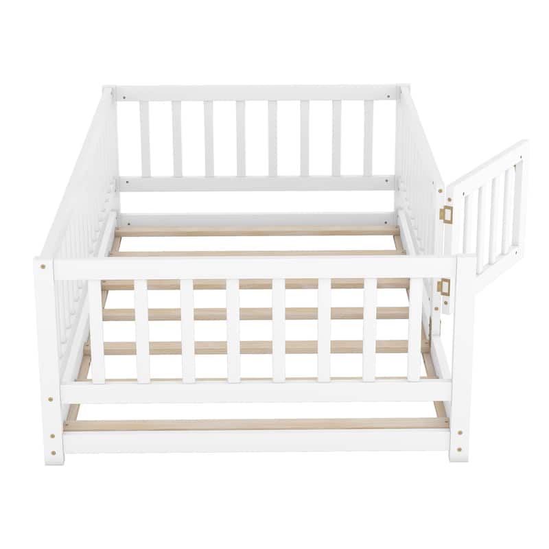 Kids Montessori Floor Bed for Kids, Girls, Boys, Solid Wood Floor Bed Frame with Fence and Door, No Box Spring Needed