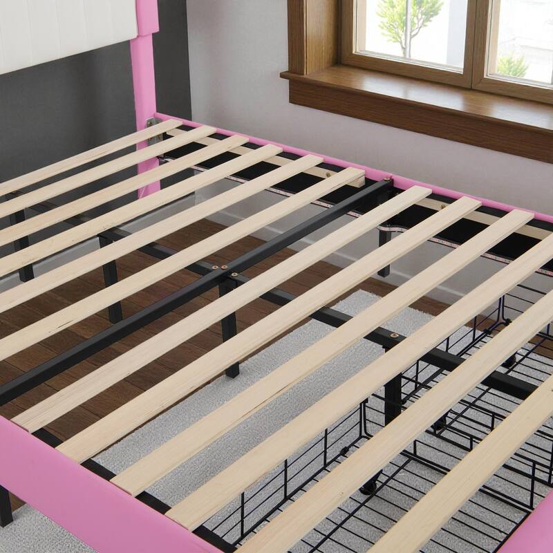 Full Size Upholstered Princess Bed with LED Lights and Crown Headboard, Platform Bed Frame with 2 Drawers and Slats