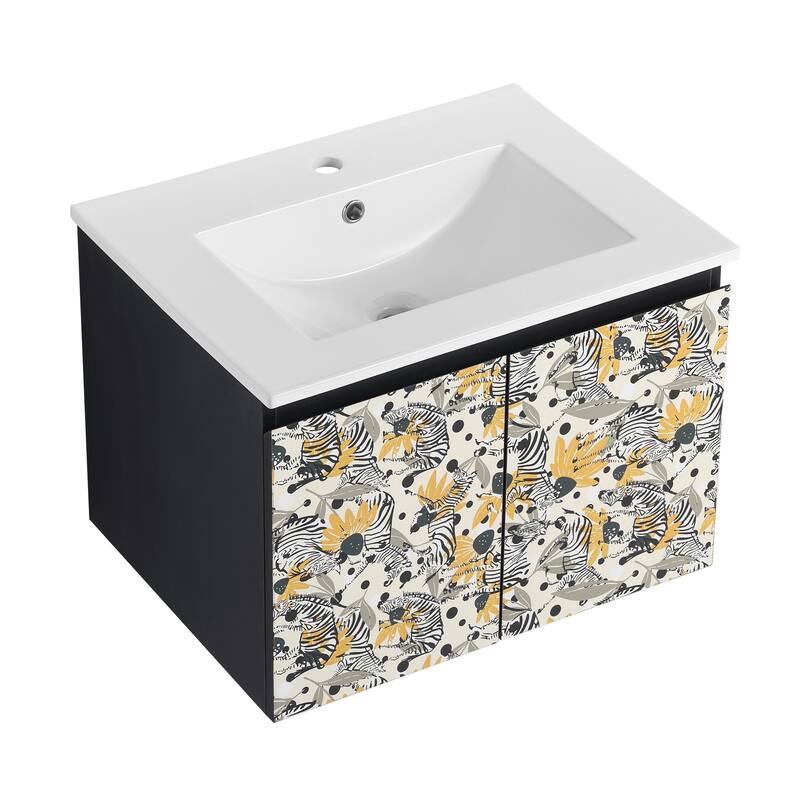 Plywood Wall-Mounted Bathroom Vanity Set in Black with Integrated Ceramic Sink