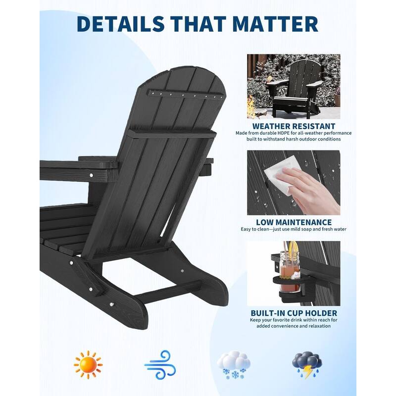 2-Pack Folding Adirondack Chairs HDPE All-Weather Outdoor Seating with Cup Holder and Wood-Look Texture