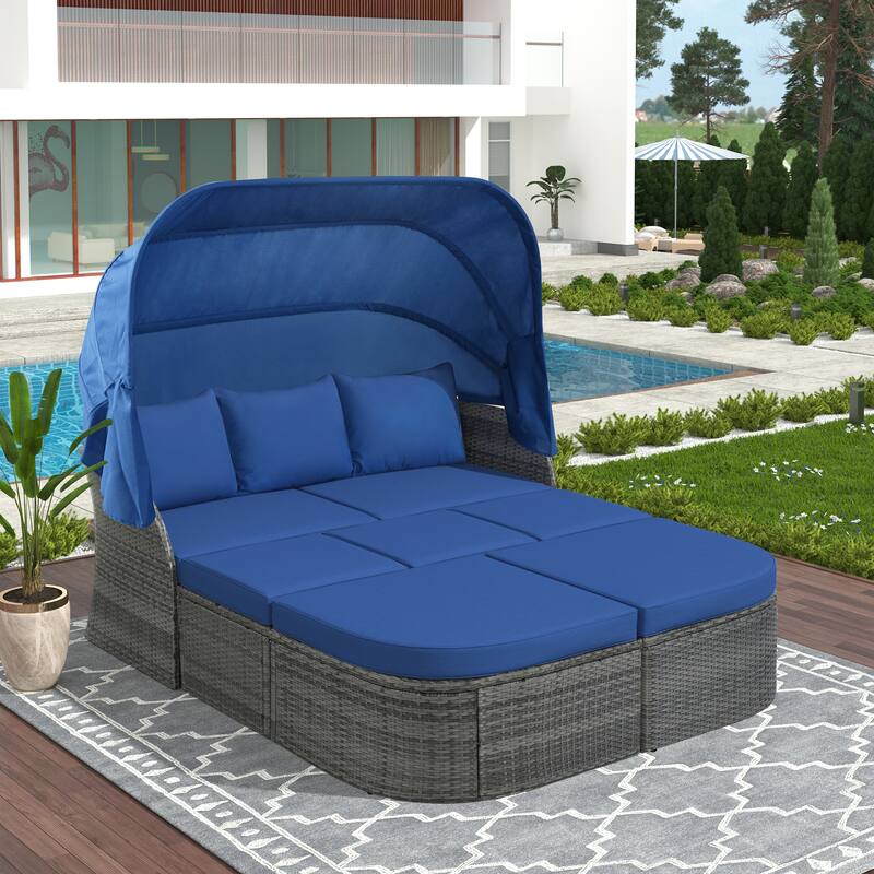 6 Piece Patio Sectional Conversation Set Outdoor Rattan Daybed Rectangle Sunbed with Retractable Canopy and Storage Coffee Table