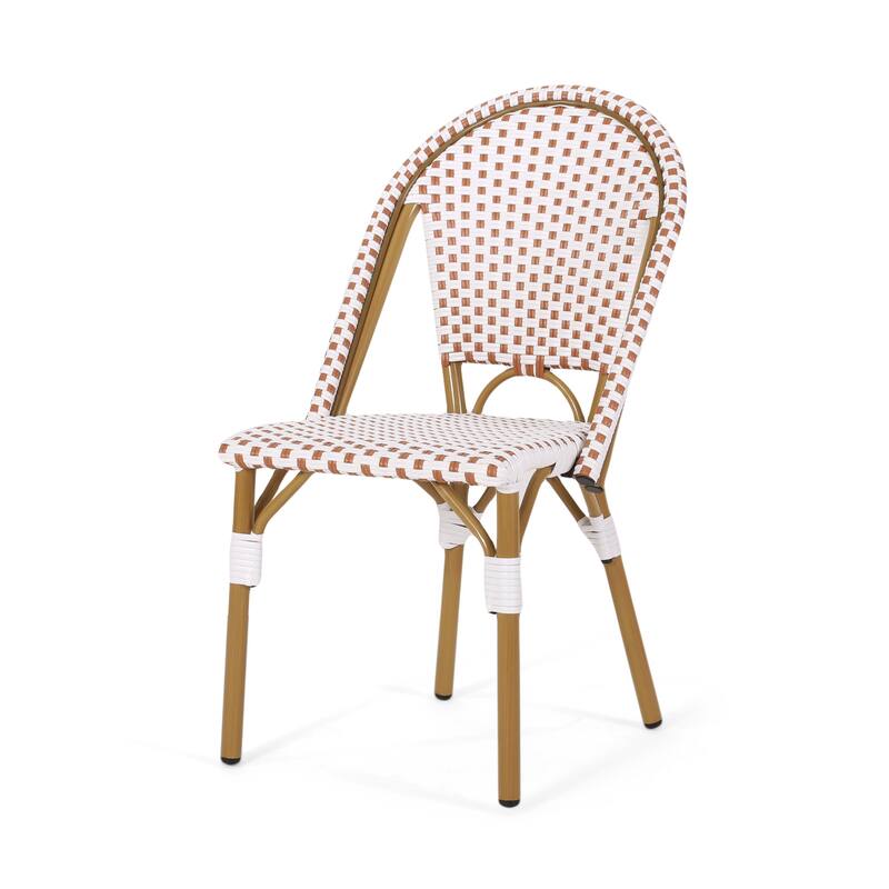 Bo Outdoor Bistro Chair Set of 2, White and Brown Faux Rattan, Metal