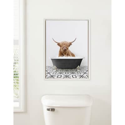 Sylvie Beaded Cow in BW Stencil Bath Framed Canvas by Amy Peterson
