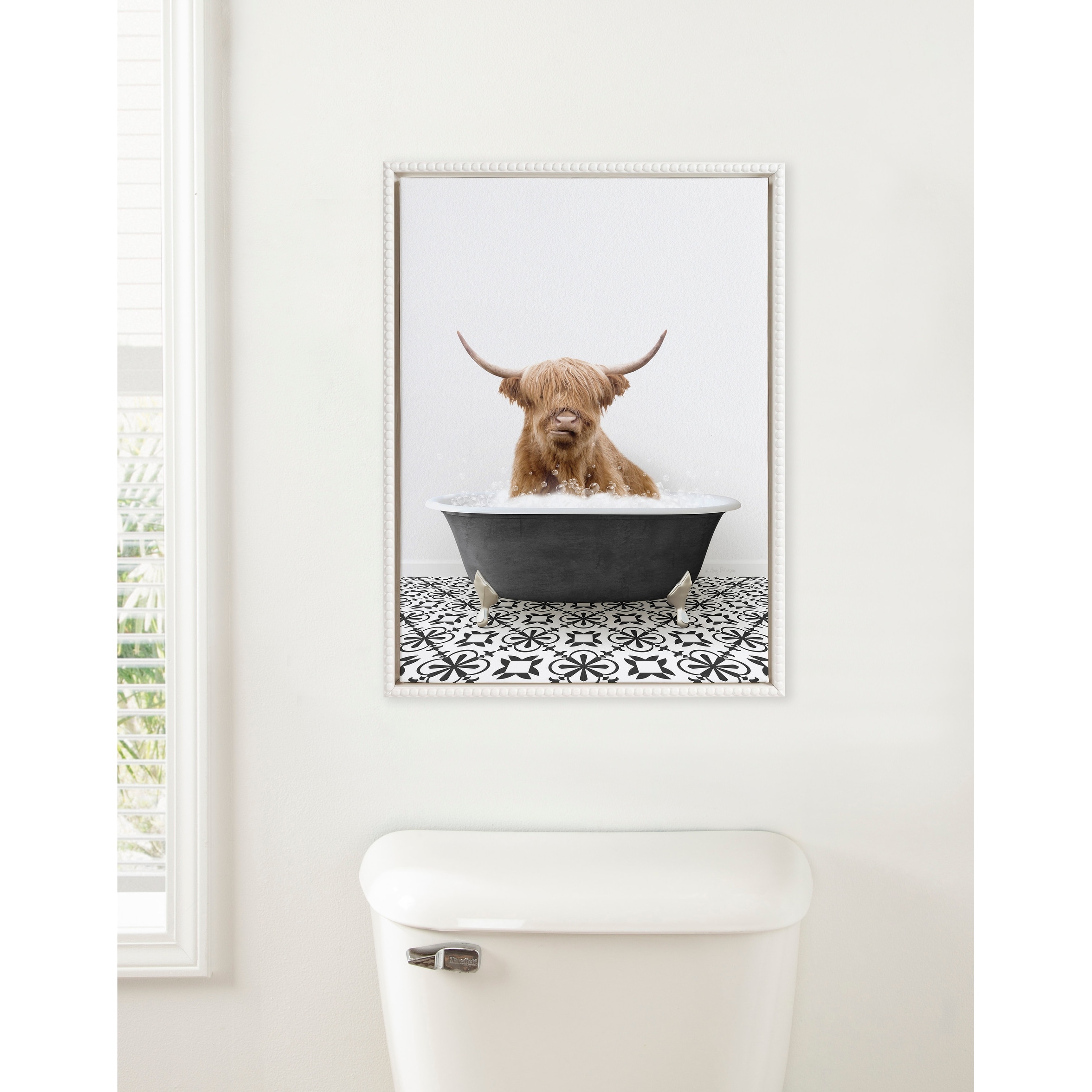 Sylvie Beaded Cow in BW Stencil Bath Framed Canvas by Amy Peterson