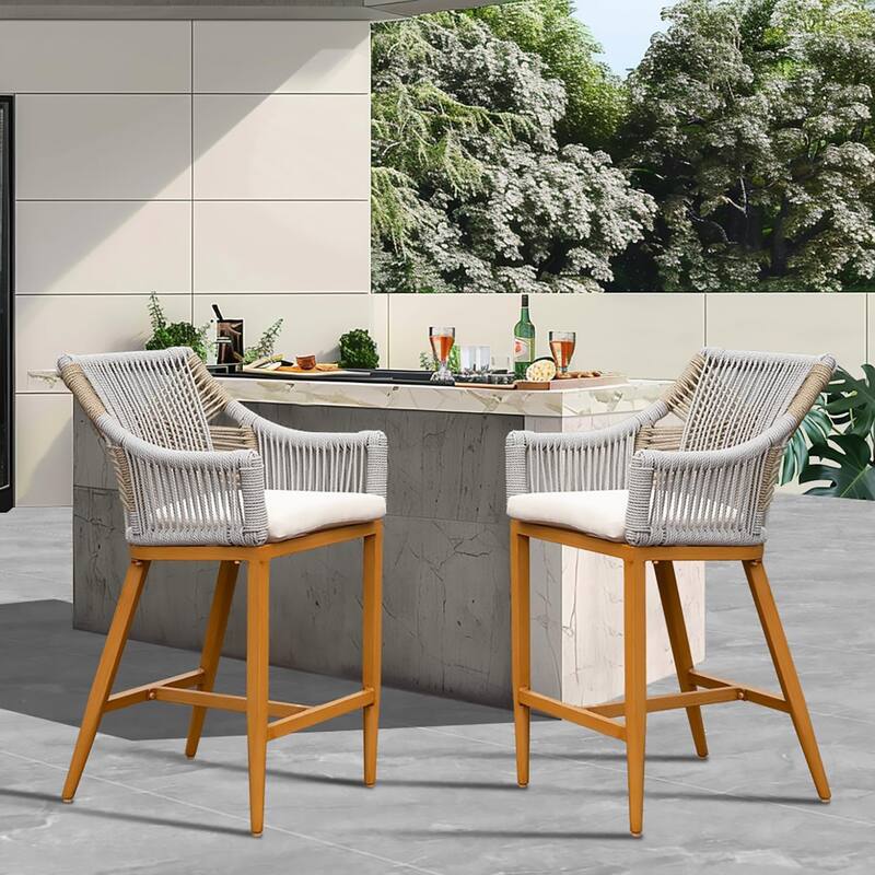 GDFStudio - Sienna Outdoor Aluminum Bar Stools Set with Cushions and Rope Backrest, Square-Back Boho Counter Chairs - Square Backrest (Khaki)