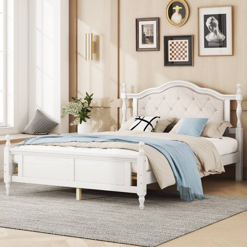 Solid Wood Queen Size Platform Bed Frame with Upholstered Headboard