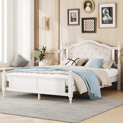 Solid Wood Queen Size Platform Bed Frame with Upholstered Headboard