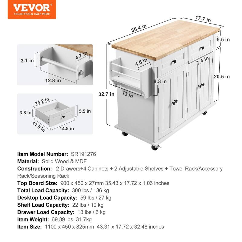 Modern Kitchen Island Portable Kitchen Island with 2 Drawers, Storage Cabinet, Spice Rack and Towel Rack, for Kitchen