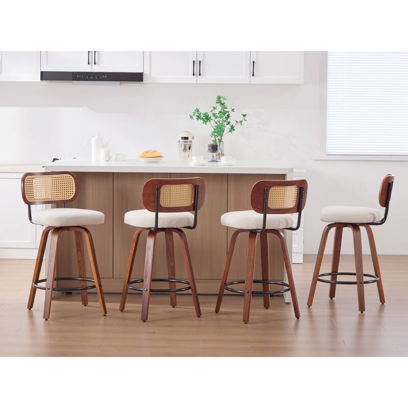 Roomfitters Upholstered Swivel Bar Stools Set of 2 with Rattan Back and Wood Legs, Modern Counter Height Dining Chairs
