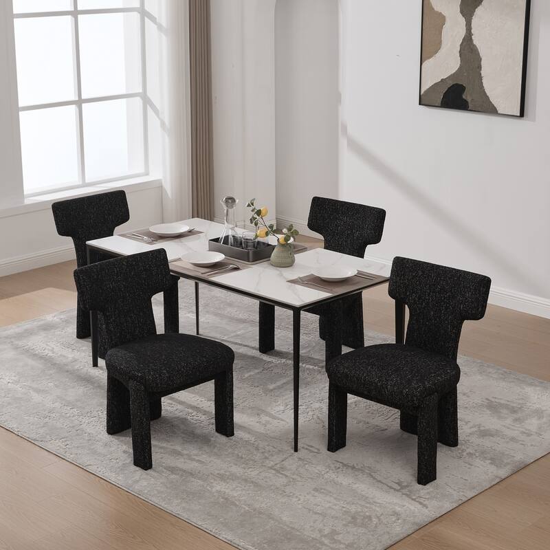 Modern Upholstered Chenille Dining Chair Set, Armless Kitchen Side Chairs Curved Back Accent Chairs w/ Wood Legs for Living Room - Black Grey Set of 4