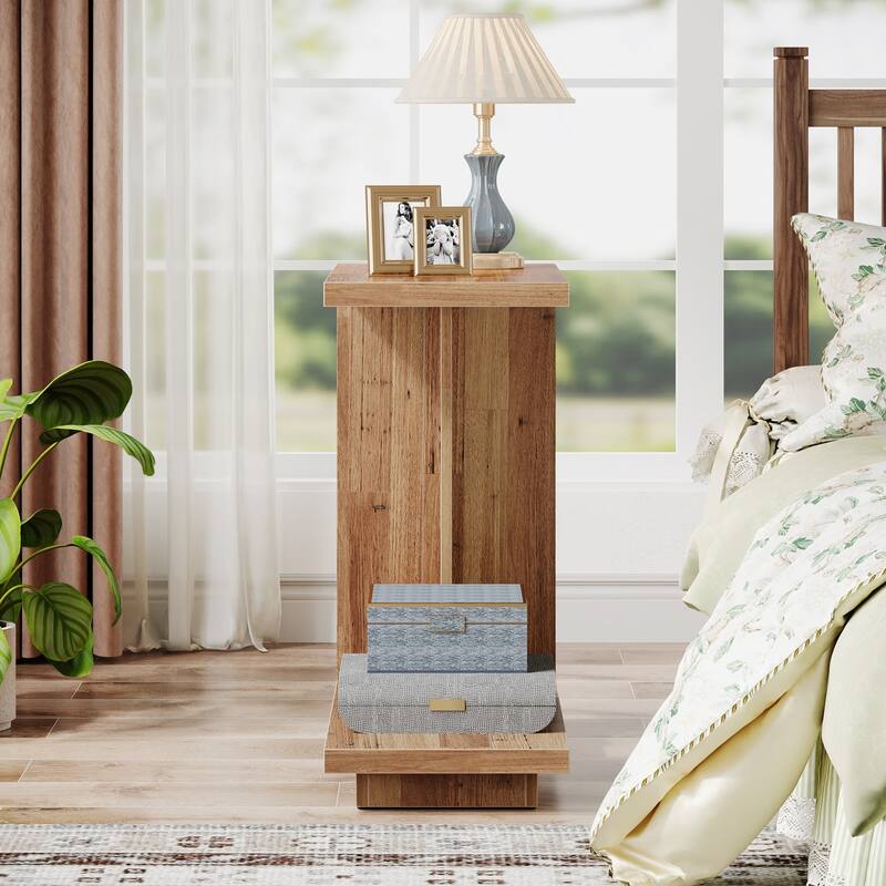 C-Shaped Side Table, 2-Tier Narrow End Table Wood Bedside Table