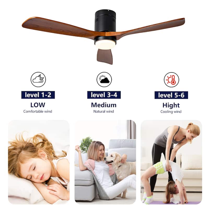 52 Inch Flush Mount Ceiling Fan with Lights and Remote Control, Wood Blades, Quiet DC Motor - Indoor/Outdoor - Black