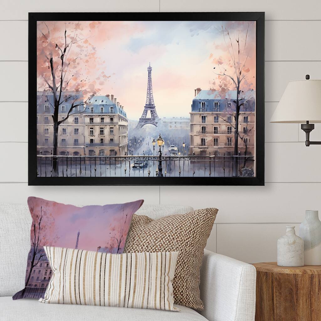 Designart "Vintage Calm Paris City View" Paris Blue Wall Decor - Industrial Bedroom Framed Canvas Wall Art