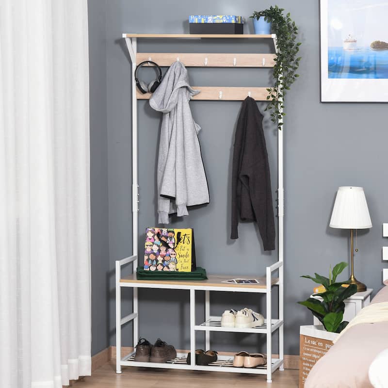 HOMCOM Hallway Tree Bench Organizer with 9 Coat Hooks, Large Sitting Bench and 3 Open Shelves for Entryway