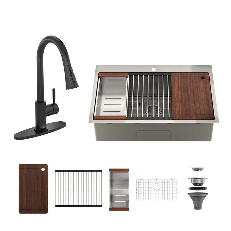 Drop-In Single Bowl Brushed Stainless Steel Workstation Kitchen Sink with Two-Function Pull-Down Kitchen Faucet and Accessories