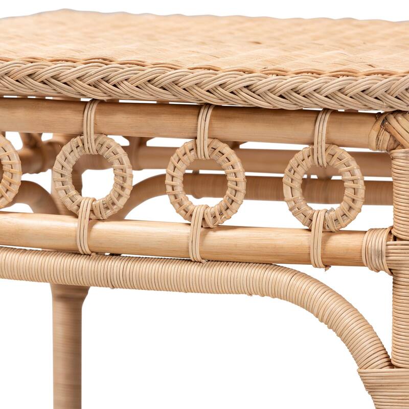 Oxford Braided Natural Rattan End Table with Shelf - Boho Table with Loop Detailing, Coastal Style for Living Room or Bedroom