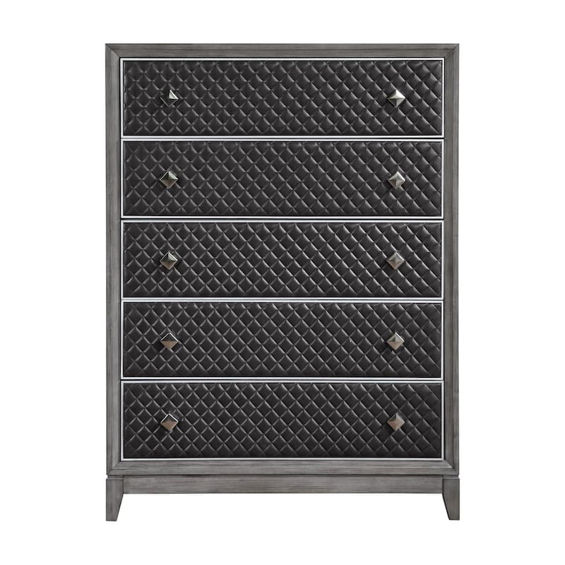 Stacy 55 Inch Tall Dresser Chest, 5 Faux Leather Upholstered Drawers, Gray