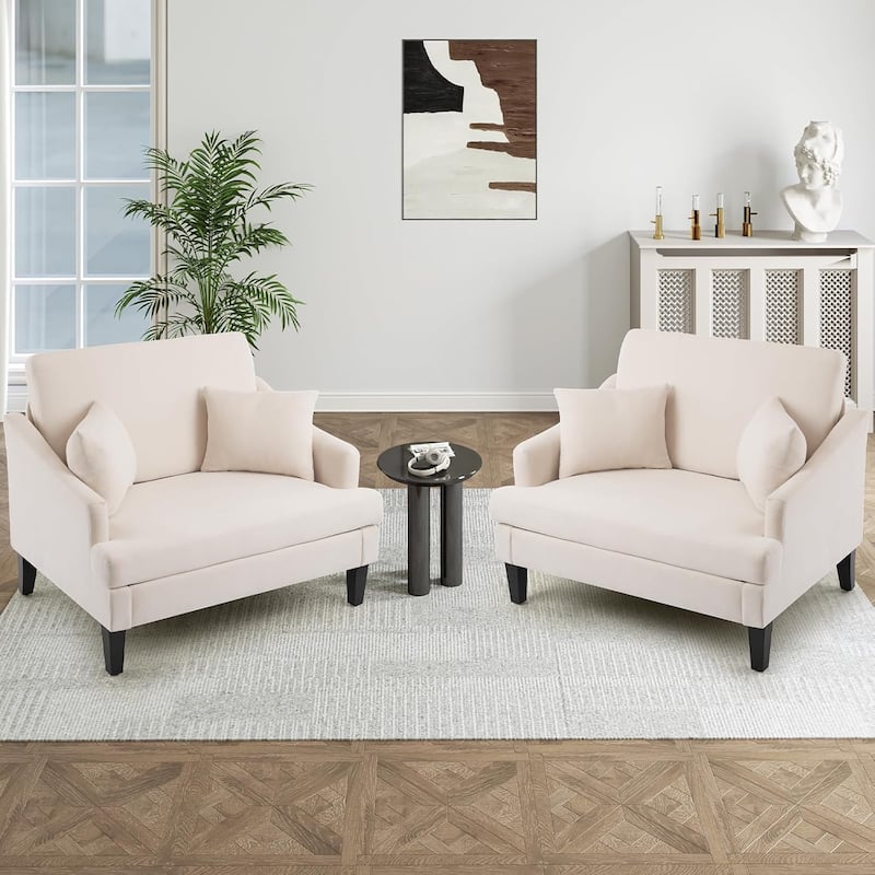 Bezseller Modern Oversized Accent Chair, 33.5'' Wide Seat Upholstered Armchair with Wood Legs and 2 Pillows - 2 Pack - Beige