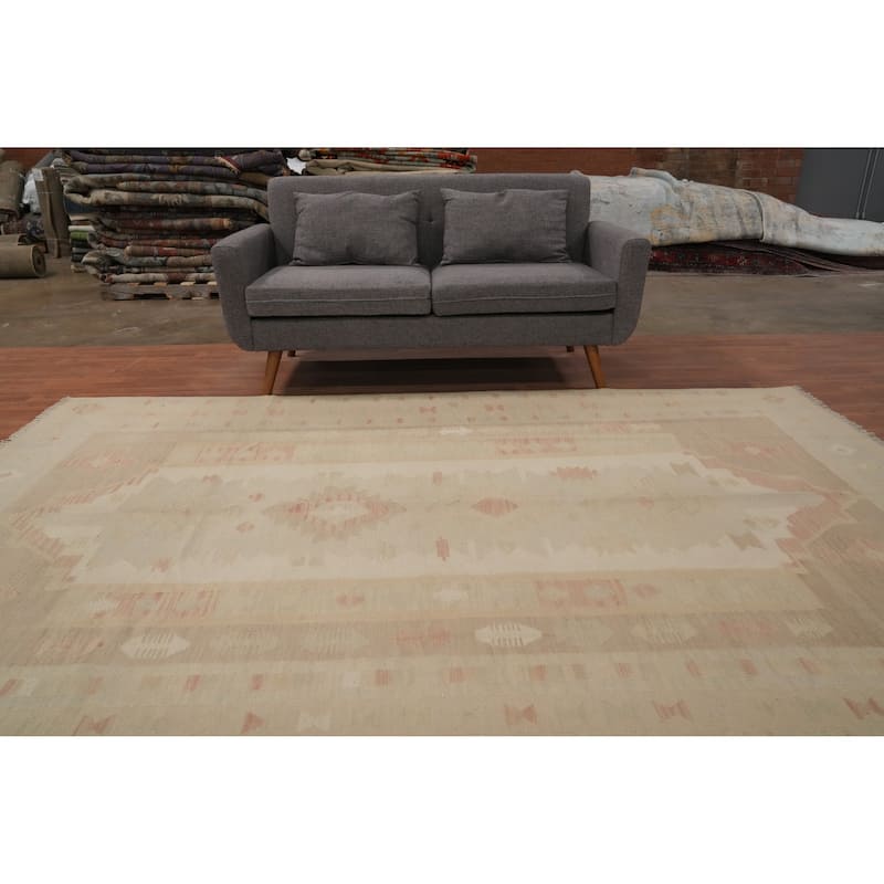 Hand Woven Oriental 100% Wool Carpet Southwestern Tribal Beige & Ivories Kilim Area Rug - 9' 8'' X 6' 7''