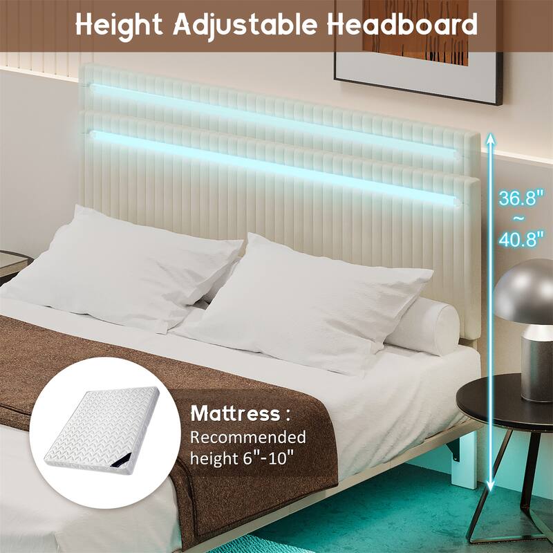 Queen Size Upholstered Floating Bed Frame with LED Lights