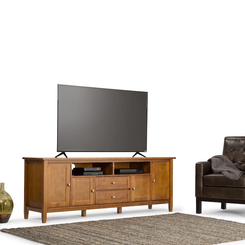 WYNDENHALL Norfolk SOLID WOOD 72 inch Wide TV Media Stand For TVs up to 80 inches - 72'' W x 17.5'' D x 26'' H - Light Golden Brown