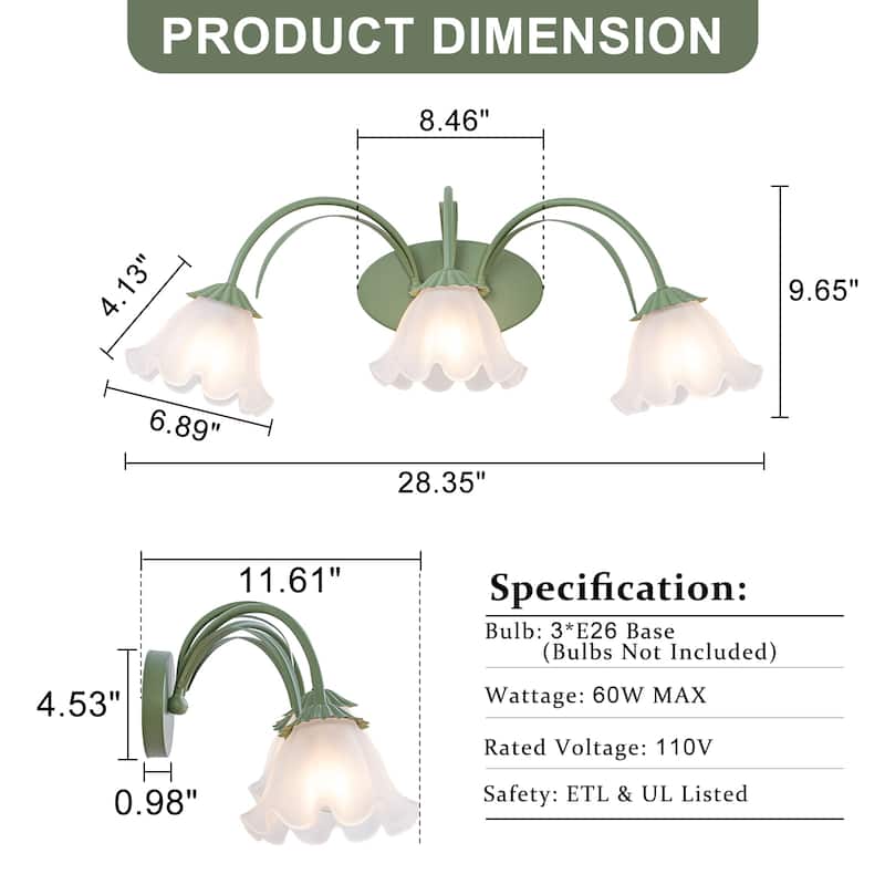 Green Metal Flower Frosted Glass Wall Sconce for Bathroom Vanity