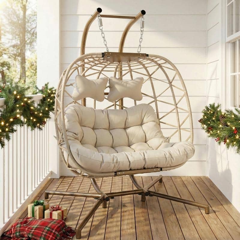 Oversized Outdoor Double Hanging Egg Chair with Cushions, 700 lbs Capacity Swing Chair for Indoor or Patio