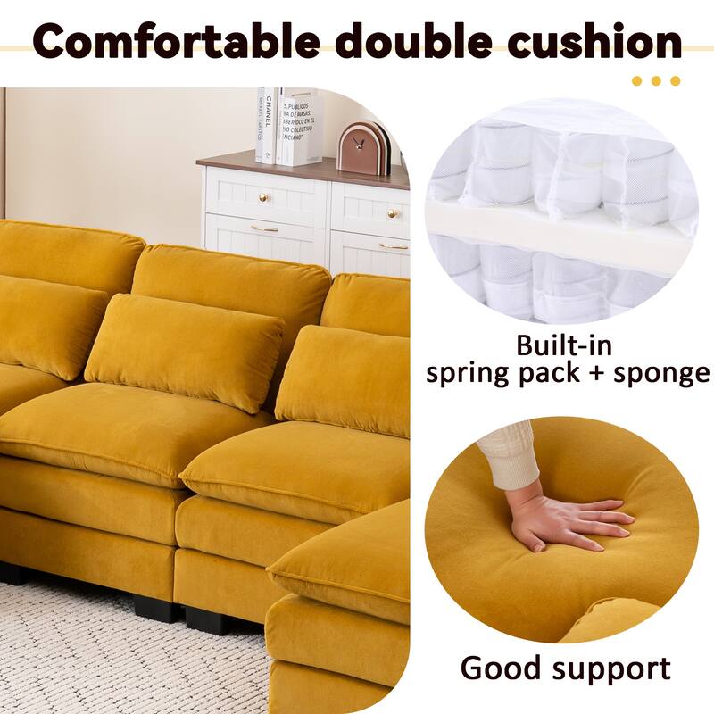 U Shape 111.8"Modern Comfort Combination Sectional Sofa,4-seat Velvet Fabric Upholstered Sofas with Chaise Lounge & Pillows
